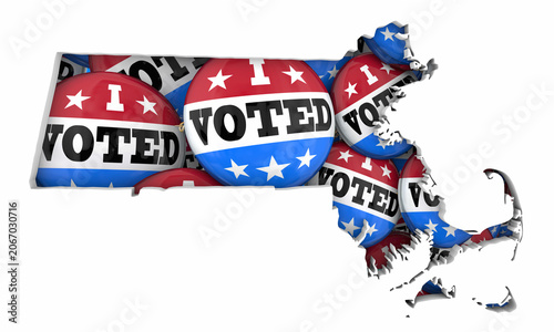 Massachusetts MA State Map I Voted Pins Buttons Election Democracy 3d Illustration