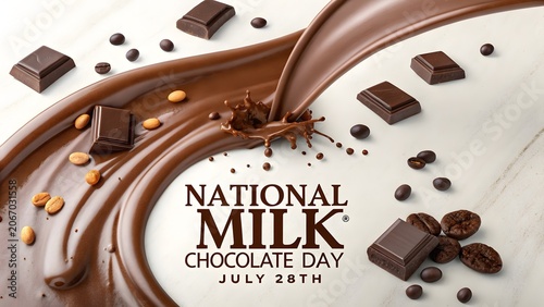 National milk chocolate day celebration poster featuring artistic liquid chocolate splash with dark cocoa squares and roasted coffee beans on white marble