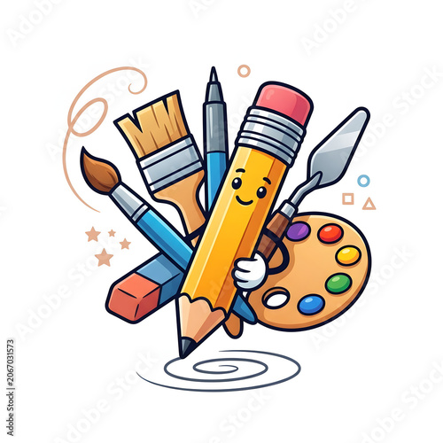 Cartoon Art Supplies Character Holding Paintbrushes.