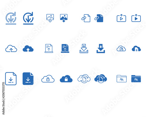 File Transfer and Cloud Storage Solid and Outline Icon Set. Containing download, upload, cloud sync, file sharing, secure storage, media transfer, document management, and backup vector icons.