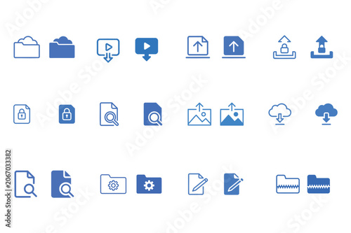 File Upload and Cloud Storage Solid and Outline Icon Set. Containing Secure Upload, Media Upload, Document Search, Cloud Download, File Management, Archive Folder, and Digital Storage Vector Icons.