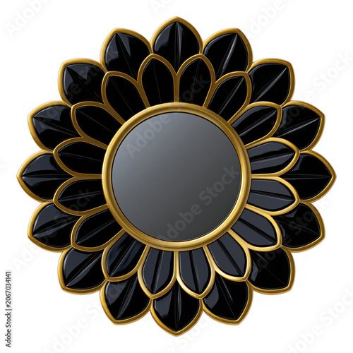 Decorative black floral wall frame with golden petal detailing and mirror center, elegant decor isolated on transparent background

