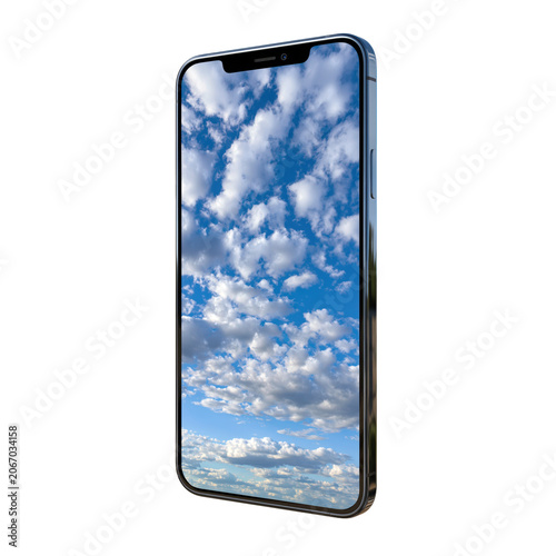 Smartphone with slim black frame and soft cloudy sky screen, modern mobile device isolated on transparent background
