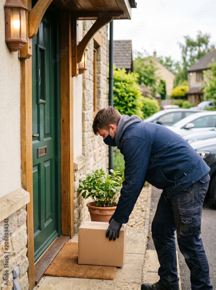 Fototapeta premium Delivery man wearing a face mask and gloves, leaving a package at the doorstep of a brick house. The man is bent over, placing a brown cardboard box on a doormat. He is wearing a blue jacket.