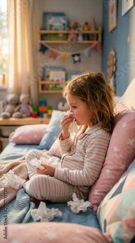 Young Girl Suffering From A Cold Sitting In Her Bed With Tissues