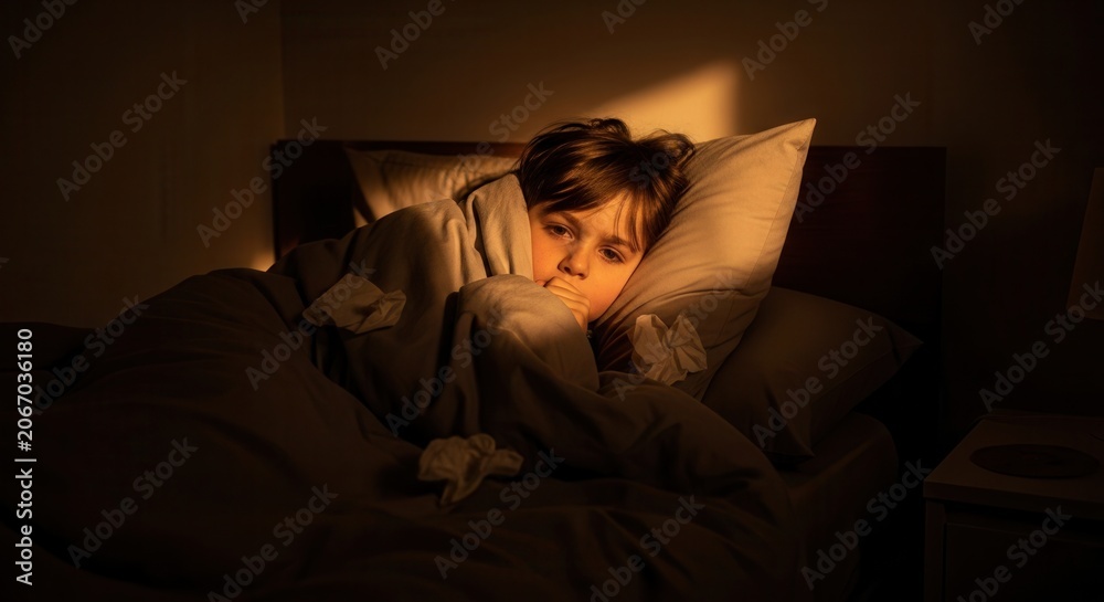 Obraz premium Young Child Feeling Unwell Tucked In Bed Under Warm Blanket With Tissues