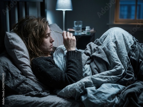 Young Woman Feeling Unwell In Bed With Thermometer