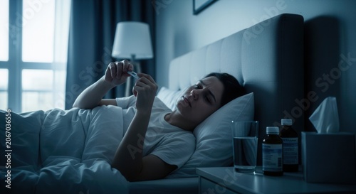 Young Woman Feeling Unwell Taking Temperature At Night