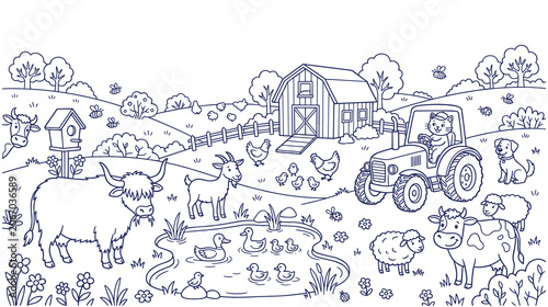 Φωτογραφία Coloring page with farm animals barn and tractor scene.