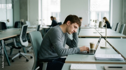 Young Man Feeling Exhausted Working Late In A Modern Office