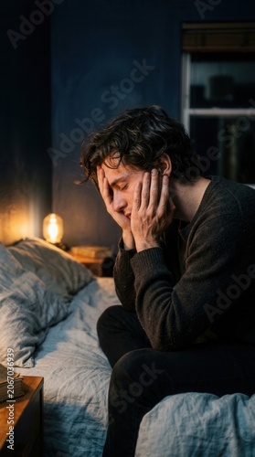 Young Man Experiencing Solitary Stress And Contemplation In Dimly Lit Room