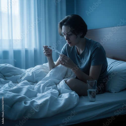 Young Woman In Bed Late At Night Reading Medication Instructions