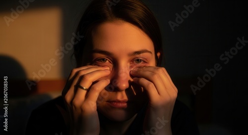 Young Woman Rubbing Tired Eyes With Golden Hour Light Shining On Her Face