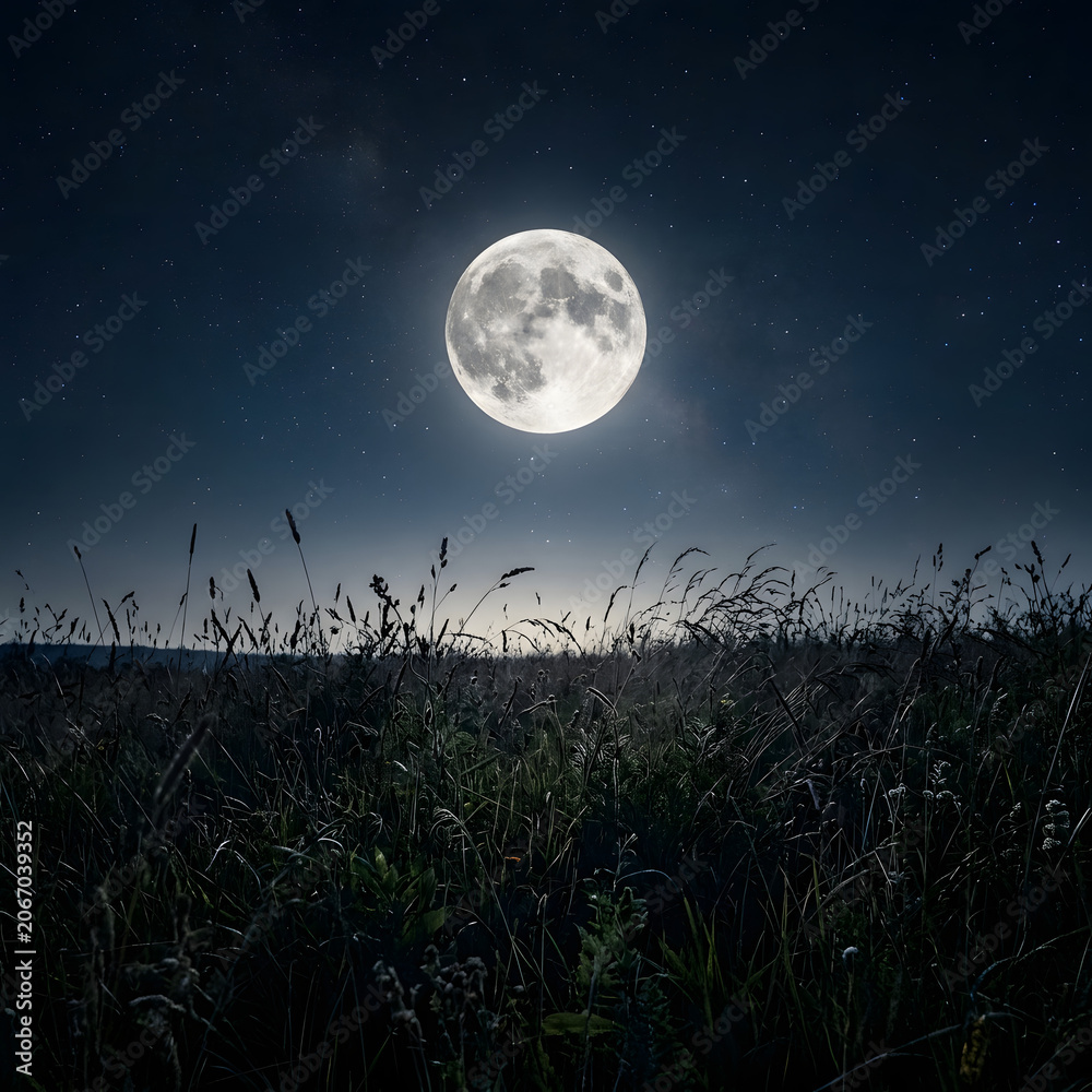 Fototapeta premium Full moon rising over a serene rural landscape at night.