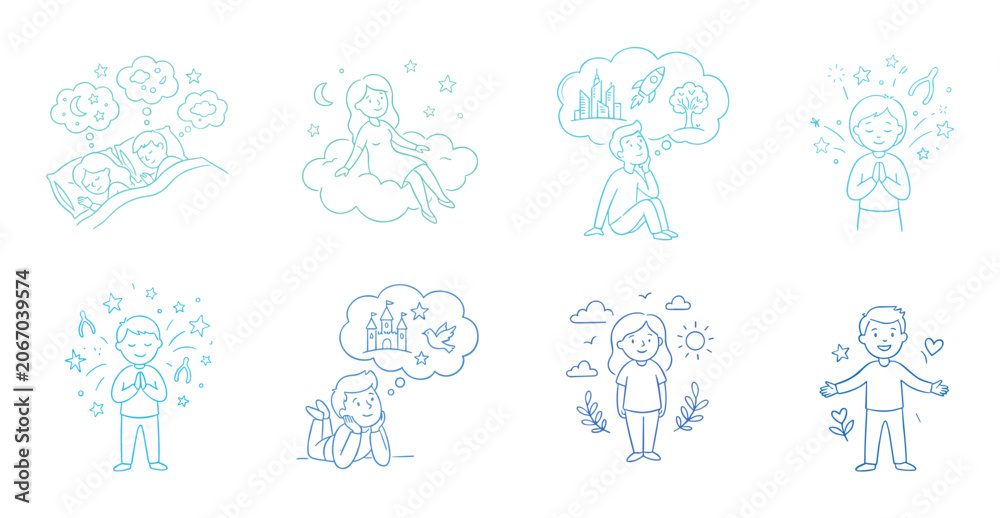 Fototapeta premium People dreaming, imagining, wishing, hoping, feeling positive are depicted in a collection of gradient line art illustrations showcasing various human aspirations and well-being.