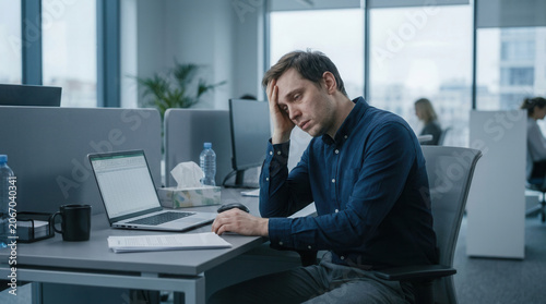 Worried Businessman At His Desk Exhausted And Thinking, Working In The Office