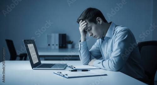 Worried Businessman Displaying Frustration While Working Late at His Desk