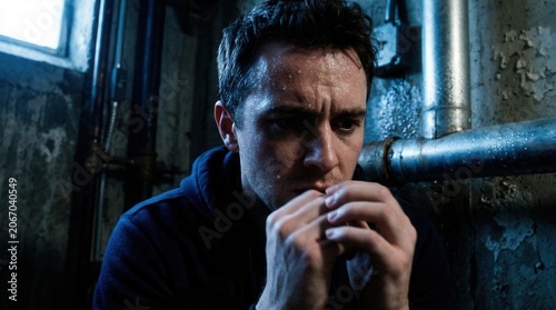 Worried Man In A Dark, Damp Basement, Displaying Significant Stress And Emotion