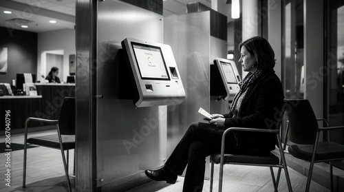 Woman Waiting Patiently For Digital Service At Modern Check-in Kiosk