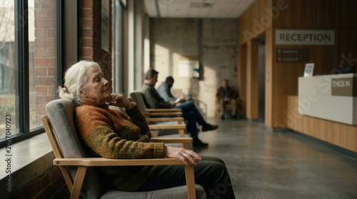 Woman Waiting Patiently In Hospital Lobby With Other Patients Present In Background