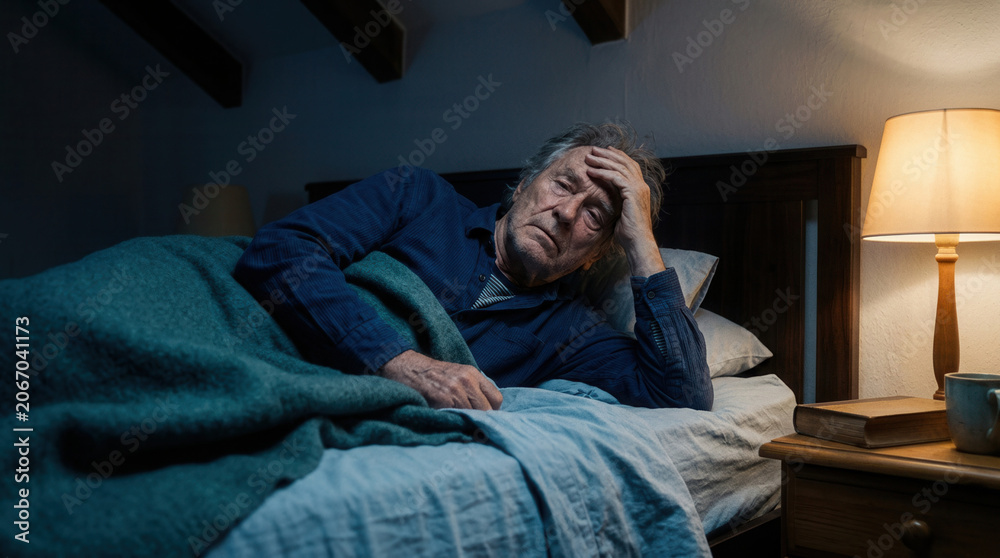 Obraz premium Worried Senior With Hand On His Head Lying in a Bedroom Under Teal Blanket
