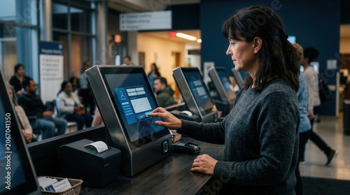 Woman Using Digital Kiosk in Modern Waiting Area to Register or Check In.