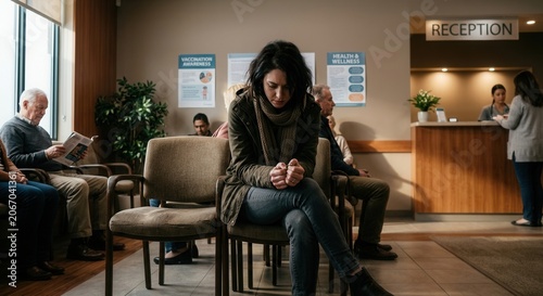 Worried Woman Sitting In Waiting Room At Medical Clinic