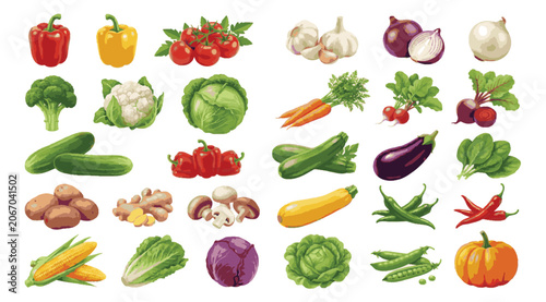 Fresh organic vegetable collection, realistic watercolor style garden produce set, 24 healthy food icons for grocery and menu design