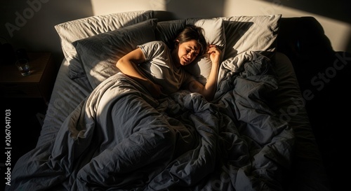 Woman Waking Up Feeling Unwell In Warm Morning Sunlight