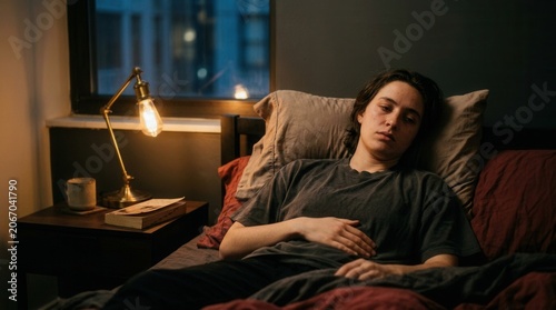 Young Adult Resting In Bed Looking Melancholy Late At Night