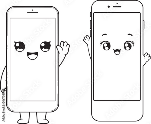 Two cute cartoon smartphone mobile devices line art coloring page