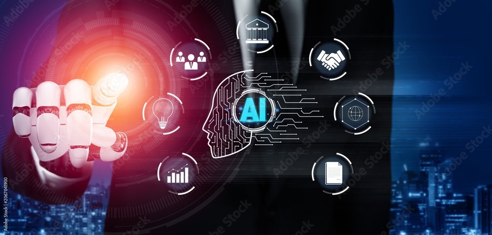 Fototapeta premium Businessman Using Artificial Intelligence Interface with Data Analytics Icons and Futuristic Technology Background at Night Quark.