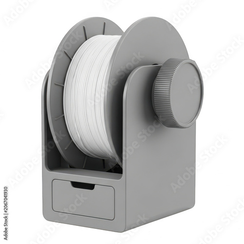 A Modern Gray 3D Printer Filament Spool Holder With Integrated Storage Drawer Isolated on Transparent