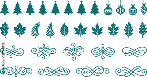Photos Christmas tree and leaf icons with ornaments and swirls