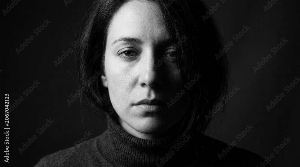 Fototapeta premium Woman's Portrait in Dramatic Lighting Revealing Deep Emotions and Introspection