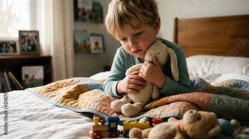 Young Boy Comforts Stuffed Bunny On Bed with Toys