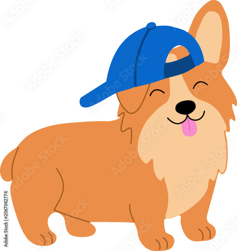Minimalist flat illustration of a lovely corgi dog. Vibrant puppy character for modern pet care identity, children's book layouts, and apparel graphic designs.
