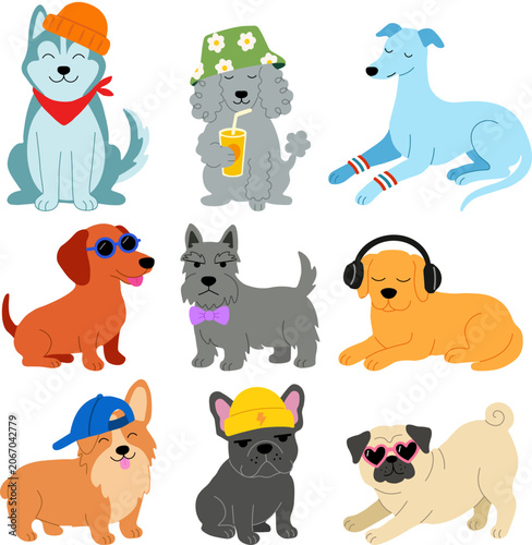 Domestic pets and dog breeds line art vector set. Minimalist colorful puppy characters with funny faces for modern pet care designs, grooming salon identity, apparel prints, and children's education.