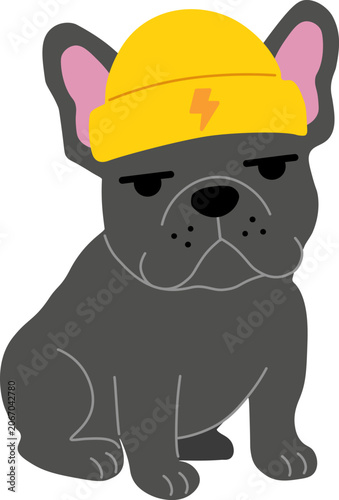Minimalist flat illustration of a lovely frenchie dog. Vibrant puppy character for modern pet care identity, children's book layouts, and apparel graphic designs.