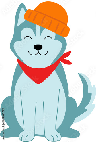 Minimalist flat illustration of a lovely husky dog. Vibrant puppy character for modern pet care identity, children's book layouts, and apparel graphic designs.