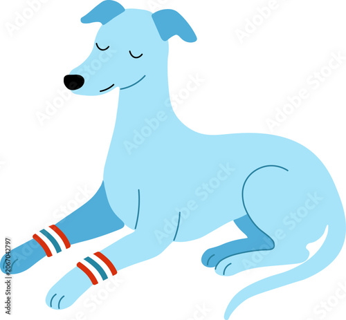 Minimalist flat illustration of a lovely greyhound dog. Vibrant puppy character for modern pet care identity, children's book layouts, and apparel graphic designs.
