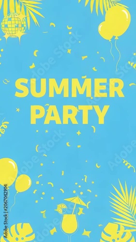 Bright blue and yellow summer party graphic with balloons, tropical palms, cocktail and confetti. festive seasonal celebration poster for sunny events and invitations.