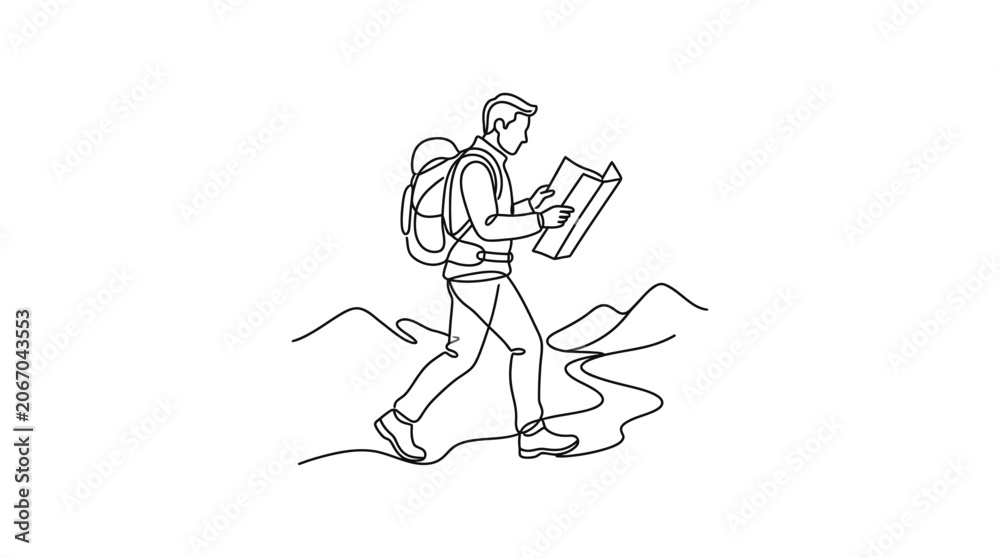 Obraz premium Hiker with backpack reading map in mountains, minimalist line art