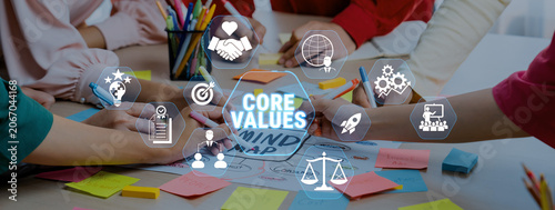 Konstfotografi Group of Diverse People Collaborating on Mind Map with Icons Representing Core Values, Creativity, and Teamwork in a Bright Office Environment Fluxor