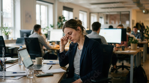 Woman Suffering from Workplace Stress and Fatigue in the Modern Busy Office