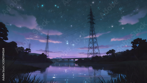 Serene night river landscape under starry twilight sky, digital illustration