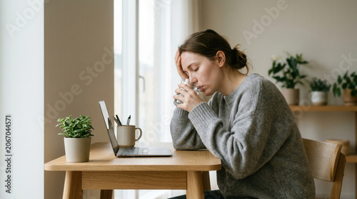 Woman Suffering Headache at Home Drinks Water and Working On Her Laptop