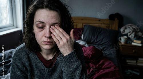 Woman Suffering In A Bedroom: Expressing Sadness, Overwhelmed or Intense Distress, Despair
