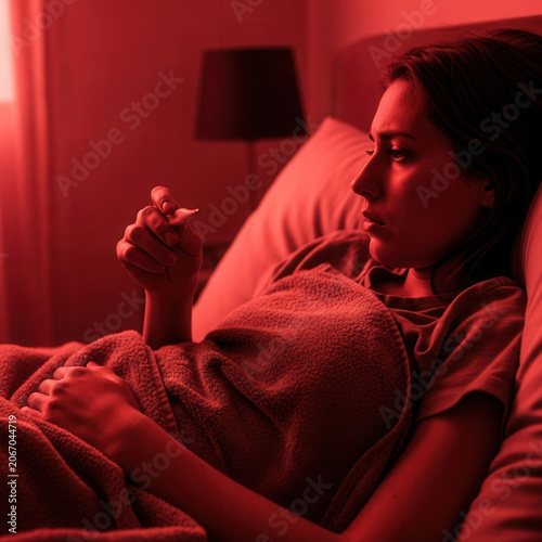 Woman Suffering In Bed Under Red Light Illuminating Her Sickly Demeanor and Despair