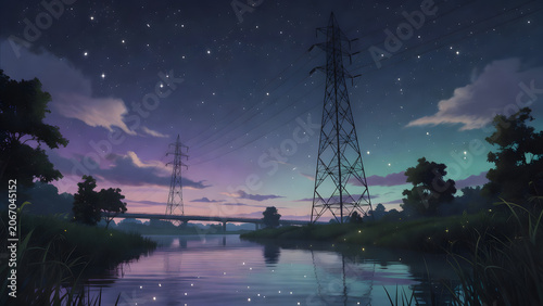 Serene night river landscape under starry twilight sky, digital illustration
